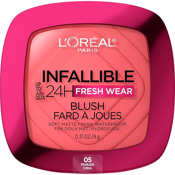 L'Oreal Paris Infallible Up to 24H Fresh Wear Soft Matte Blush, Blendable, Long-Lasting and Waterproof Cheek Make Up, Fearless Coral 05, 0.31 Oz-Velvo Beauty