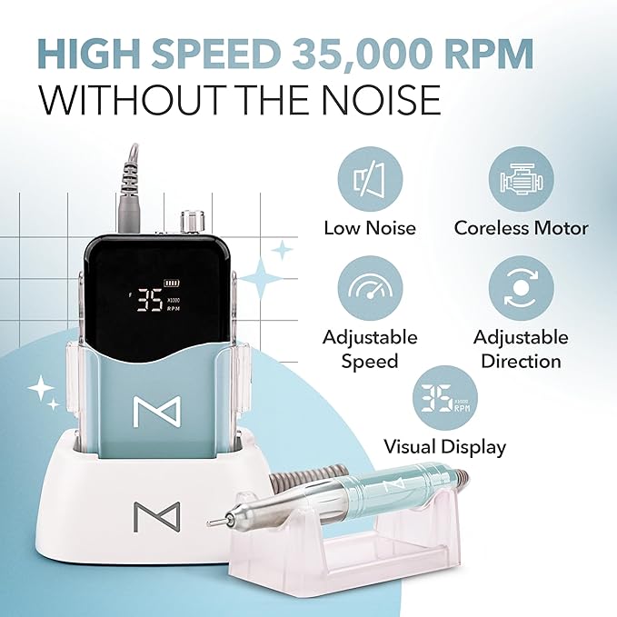 M Mase- Professional Nail Drill Machine - Coreless 2-in-1 Nail File - Electric, Cordless, 35000 RPM, HD Display - Electric Nail Drill for Professional & Home Use (Teal)-Velvo Beauty
