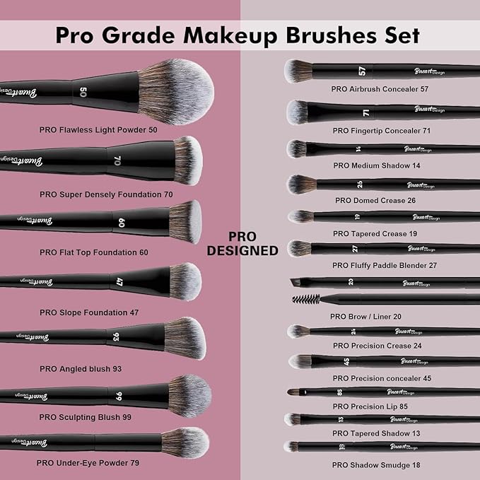 Bueart Design 19Pcs Professional Grade Labeled Makeup Brushes Set, Large Foundation Powder Contour Concealer eyeshadow Blush EyeLiner Make up Brushes,Premium Synthetic hair,Vegan Cruelty-free-Velvo Beauty