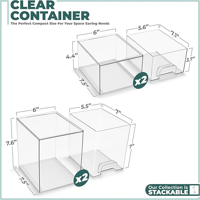 Sorbus Acrylic Storage Containers - 4 Pack, Stackable Storage Bins Set for Bathroom Organization - Clear Acrylic Drawer Organizers - Makeup Case Pull-Out Drawers (7.6’’ and 4.4’’ Tall)-Velvo Beauty