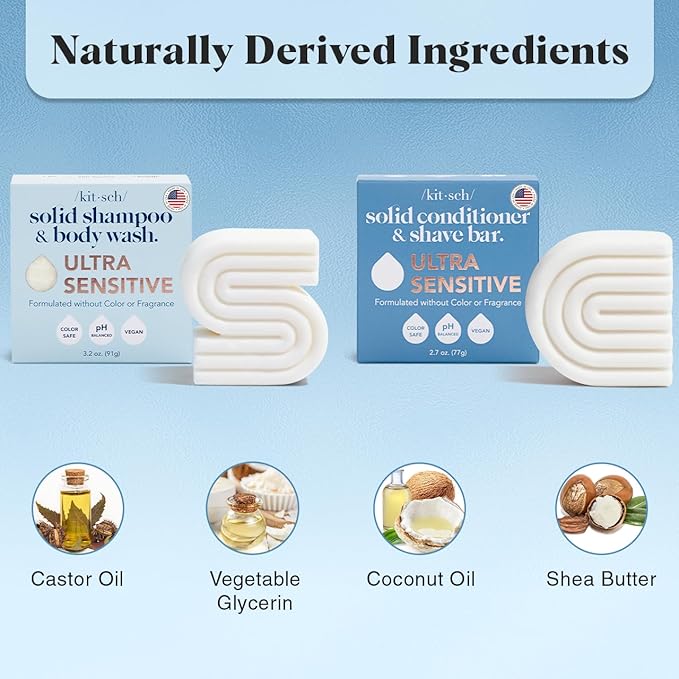 Kitsch 2-in-1 Ultra Sensitive Shampoo Bar & Body Wash + Conditioner Bar & Shaving Soap – Fragrance-Free Bar Soap for Sensitive Skin & Scalp - For Healthy, Radiant Hair and Skin - Made in USA – 2pcs-Velvo Beauty