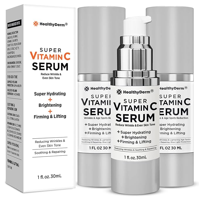 Super Vitamin C Serum for Women Over 70: Niacinamide, Vitamin C, Hyaluronic Acid, Peptides, Vitamin E, Caffeine, Bakuchiol, Hydrating, Lifting, Wrinkle & Age Spots Reduction Pack of 3-Velvo Beauty