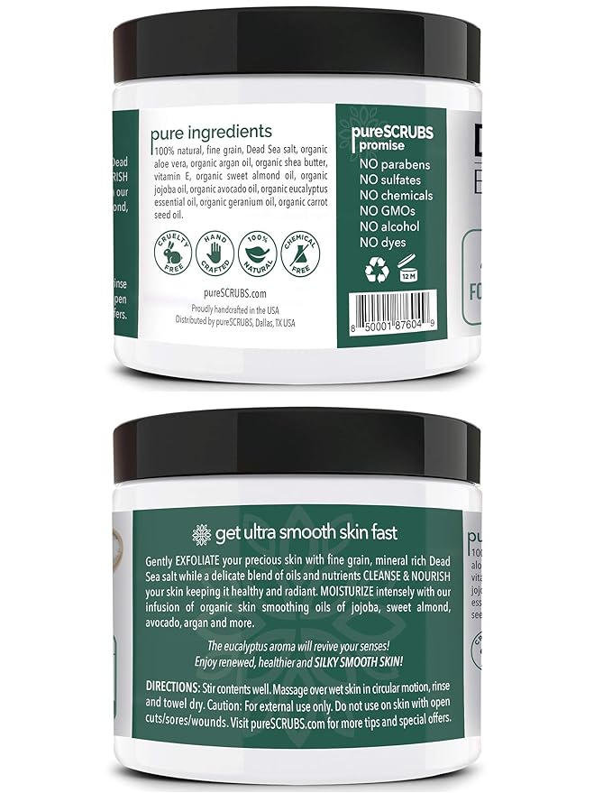 pureSCRUBS Premium Eucalyptus Body Scrub Set - Large 16oz Dead Sea Salt Body Scrub With Infused Essential Oils & Nutrients, Includes Wooden Spoon, Loofah & Oatmeal Exfoliating Bar Soap-Velvo Beauty