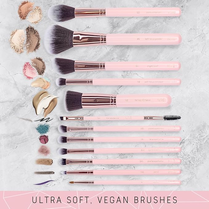 Niré Beauty 15piece Award Winning Pink Makeup Brushes: Pink Makeup Brush Set with Case, Makeup Sponge, Brush Cleaner, Guide, Gift Box-Velvo Beauty