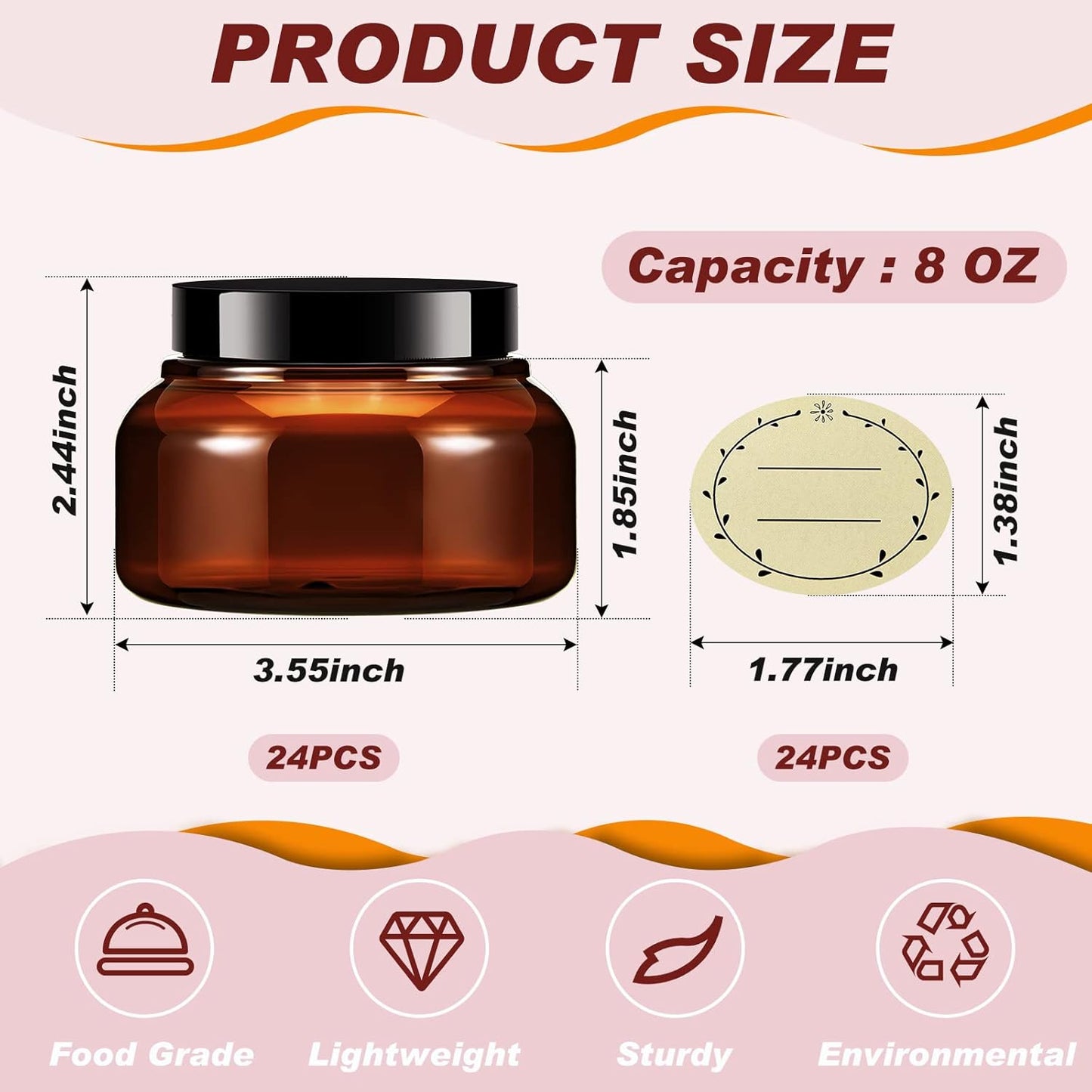 Tessco 24 Pack Plastic Jars with Lids Labels Empty Clear Plastic Jars Round Refillable Cosmetic Containers Body Butter Containers Bulk Sugar Scrub Bottle for Make Up(8 oz,Brown)-Velvo Beauty
