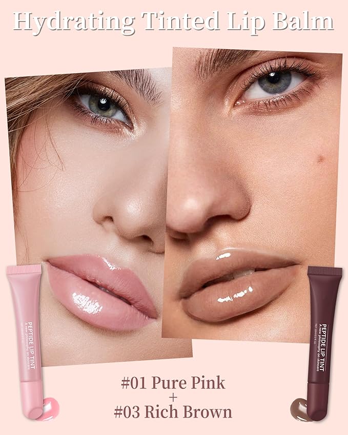 Tinted Lip Balm-2Pcs Pink Brown Peptide Hydrating Lip Tint Moisturizer,Jelly Glossier Lip Treatment Balm,Non-Stick Glow Reviver Lip Care Oil,Yummy Glowy Lip Gloss,Thanksgiving Makeup for Women-01+03-Velvo Beauty