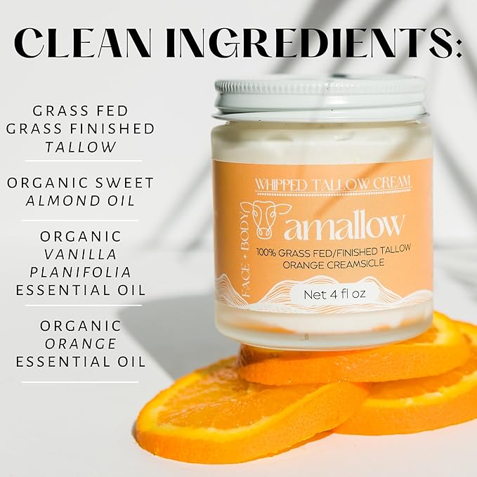 Amallow 100% Grass Fed Beef Tallow for Skin Care - Face + Body - Whipped Moisturizer - Natural Lotion, 4 FL. oz. (Orange Creamsicle)-Velvo Beauty