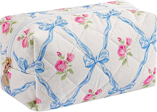 Makeup Bag Travel Cosmetic Bag for Women Girls, Zipper Make Up Pouch, Floral Flowers Toiletry Organizer Makeup, Portable Storage Bag, Cosmetic Travel Cloth Bag (Blue Bowknot/Gold Zipper)-Velvo Beauty