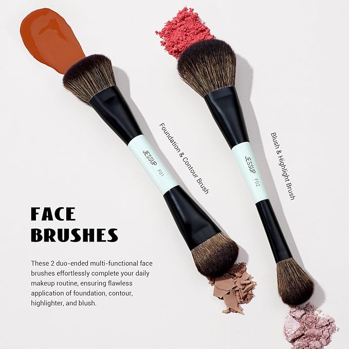 Jessup Makeup Brush Set 6pcs Double Sided Makeup Brushes Foundation Contour Blush Highlight Blending Eyebrow Brush Eyeshadow Brush, Vegan Fiber Make up Brush Bright Cyan T501-Velvo Beauty