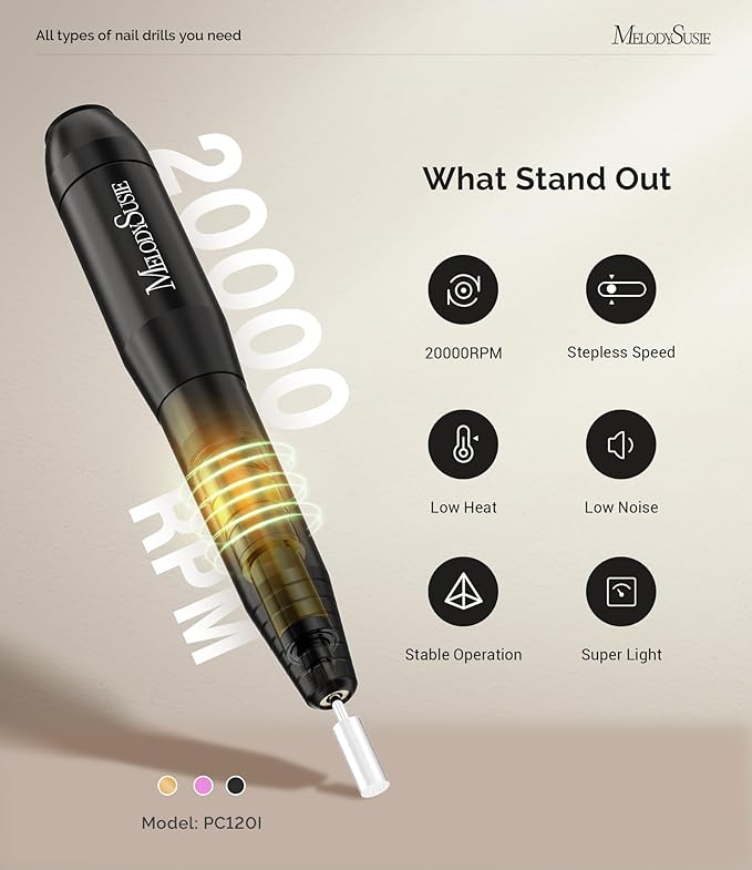 MelodySusie Electric Nail Drill Machine,PC120I Portable Electric Nail File Efile Set for Acrylic Gel Nails, Manicure Pedicure Tool with Nail Drill Bits Sanding Bands Dust Brush, Black-Velvo Beauty
