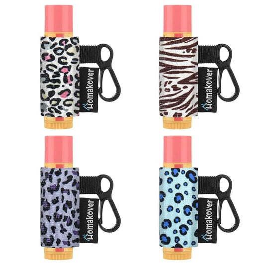4 Pack Keychain Chapstick Holder, Leopard Pattern - Elastic Band, Fits Most Standard Lip Balm, Quick-Release Clip, Unisex-Adults-Velvo Beauty