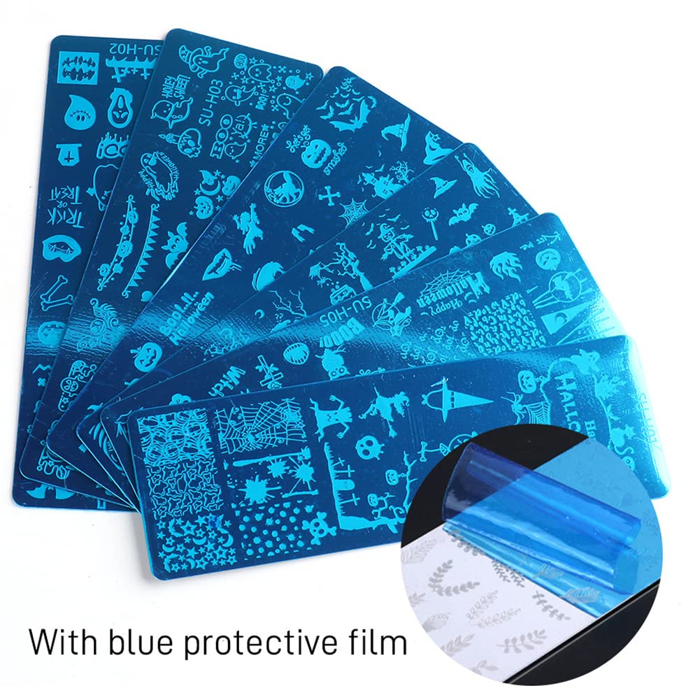 Halloween Nail Stamper Kit: 6 Pcs Stamp Template Plates with 1 Stamper, 1 Scraper - Horror, Ghost, Pumpkin, Skull, Bone Images - DIY Nail Art Set-Velvo Beauty