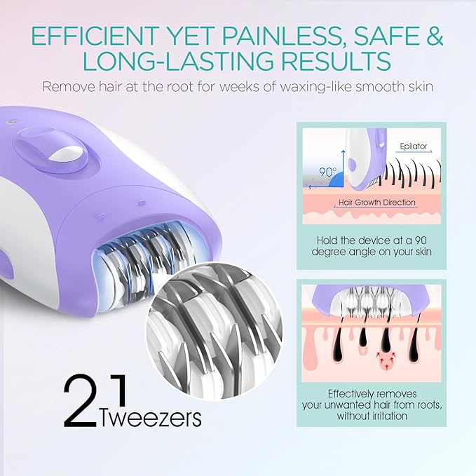 Epilator for Women-Cordless Epilators Hair Removal for Women, 4-in-1 Electric Razor Hair Remover, 2 Speeds & 21 Tweezers for Face Legs Arms Armpit Bikini, Purple HR310-Velvo Beauty