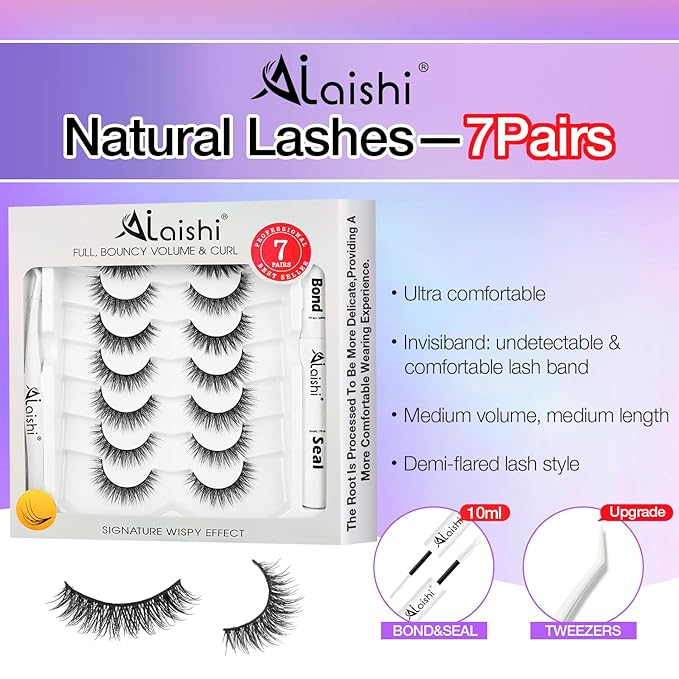 Wispy False Eyelashes Kit With Bond, Seal and Tweezer, 7 Pairs Natural Look Fake Cat Eye Lashes Strips Thin Band Extensions Waterproof Easy Eyelashes for Beginners RQ01-Velvo Beauty