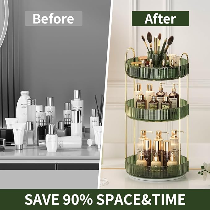 360° Rotating Makeup Organizer, Large-Capacity Skincare Make Up Storage 3 Tier Perfume Organizers Cosmetic Dresser Organizer with Makeup Brush Holder, Fits Bedroom, Bathroom, Vanity Shelf Countertop-Velvo Beauty