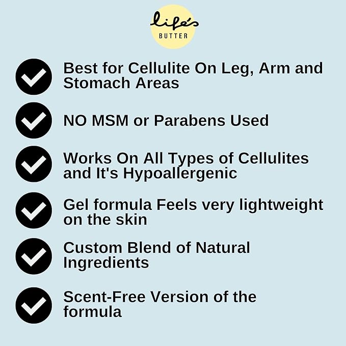 Life's Butter Anti-Cellulite Cream with L-Carnitine, Coenzyme Q10 | Skin Smoothening Natural Product | Fights Cellulite and Stretch Marks | 6 fl oz (Scent-Free) + Dry Brush-Velvo Beauty