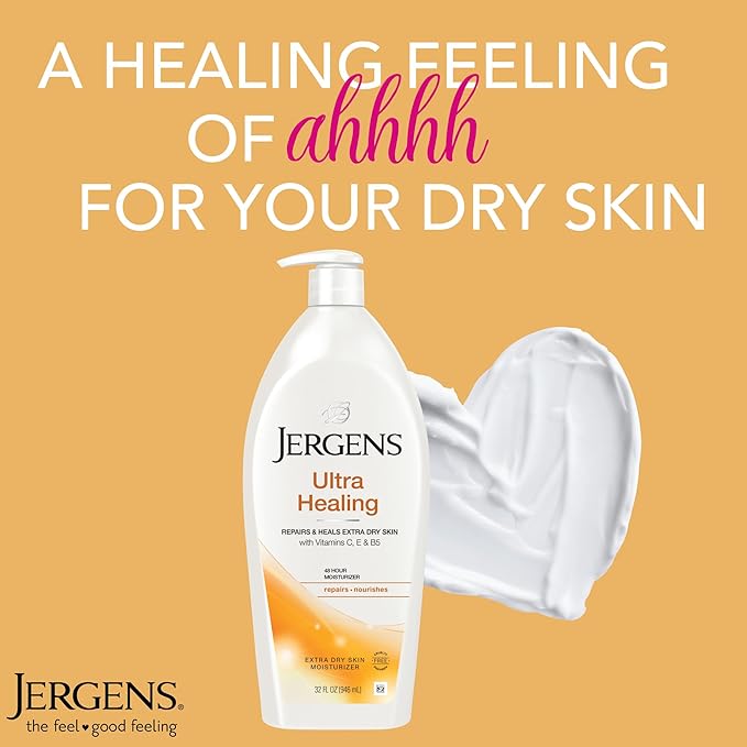Jergens Ultra Healing Dry Skin Lotion, Hand and Body Moisturizer for Quick Absorption into Extra Dry Skin with Hydralucence Blend, Vitamins C, E and B5, White, 32oz-Velvo Beauty