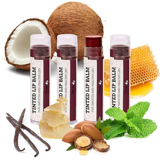 Tinted Lip Balm by Earth’s Daughter – 4 Pack of Plum Color – Beeswax, Coconut Oil, Cocoa Butter, Vitamin E – Moisturize and Beautify – Paraben Free-Velvo Beauty