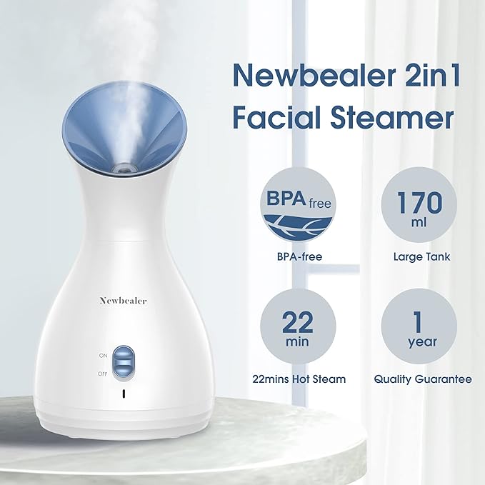 Newbealer 2in1 Facial Steamer, Hot Mist Facial Aromatherapy Humidifier Atomizer, Large Face Steamer Unclogs Pores Sinuses Moisturizing, Home Sauna Spa with Eyebrow Set (Blue, 170ml)-Velvo Beauty