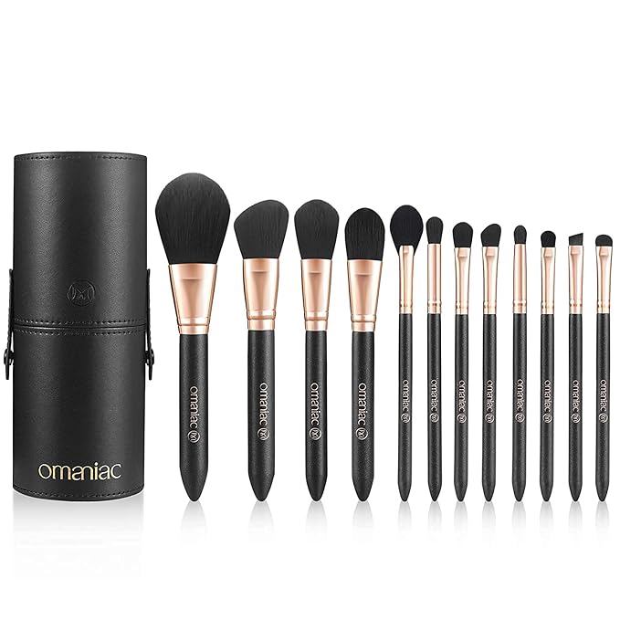 OMANIAC Makeup Brush Set Professional, 12 Pearlescent Wood Handle Makeup Brushes, Premium Cruelty-Free Synthetic Fiber Hair, Travel Make up Brushes Set with Case (Black).-Velvo Beauty