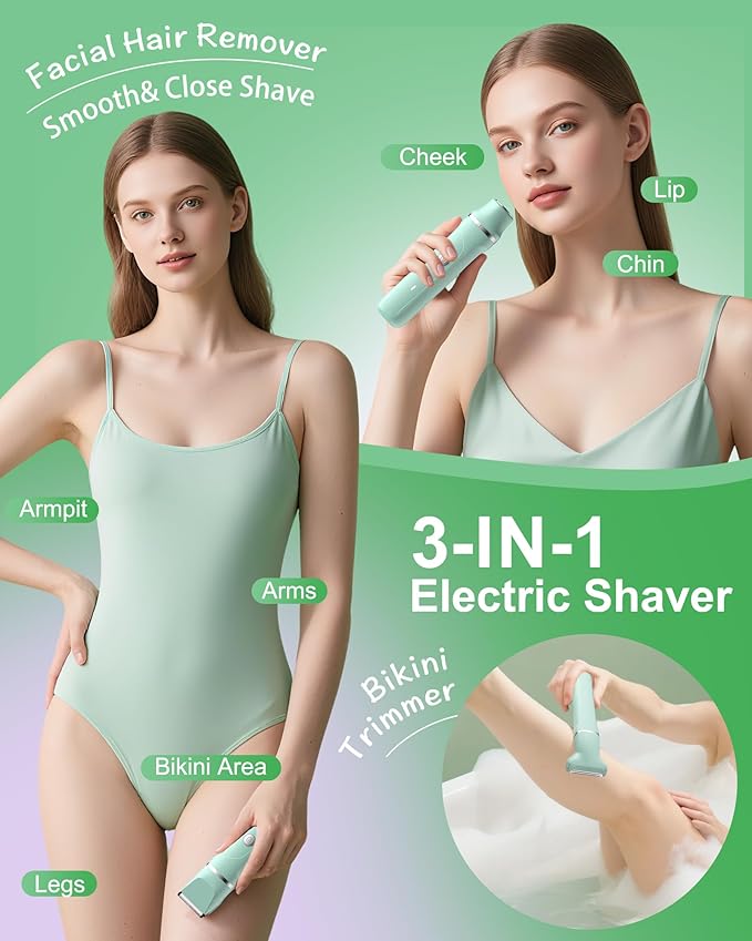 Bikini Trimmer for Women - 3 in 1 IPX7 Waterproof Electric Razors for Women,Body Pubic Hair Electric Shaver for Womens & Facial Hair Remover,Rechargeable Wet/Dry for Body,Underarm,Leg(Mint Green)-Velvo Beauty