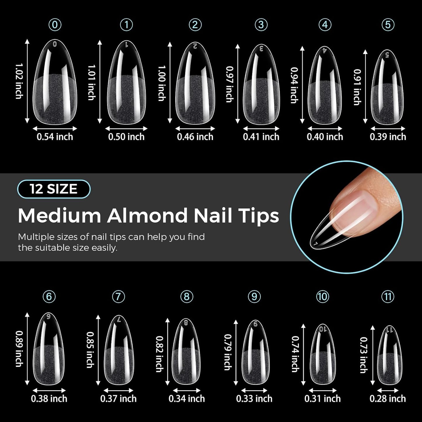 TOMICCA Nail Tips Medium Almond Nail Tips 240Pcs Clear Acrylic Nails Pre-shape Gel Nails for Nail Extension False Nail Tips 12 Sizes-Velvo Beauty