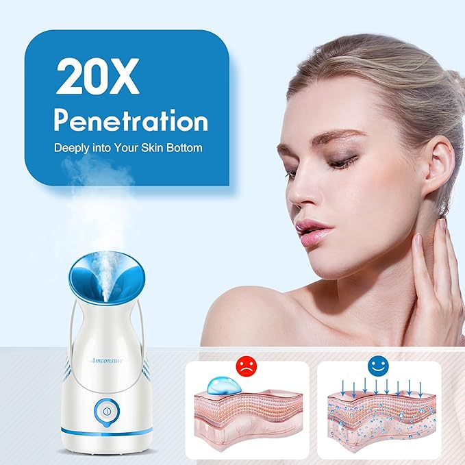 Amconsure Facial Steamer - Nano Ionic Face Steamer Warm Mist Steamer for Home Sauna SPA, Humidifier for Deep Cleaning Unclogs Pores Sinuses(Blue)-Velvo Beauty