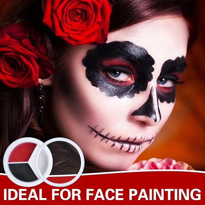 3 Colors Black White Red Face Body Paint Clown Makeup Palette Professional Face Paint for Halloween Cosplay Sfx Joker Zombie Vampire Makeup-Velvo Beauty