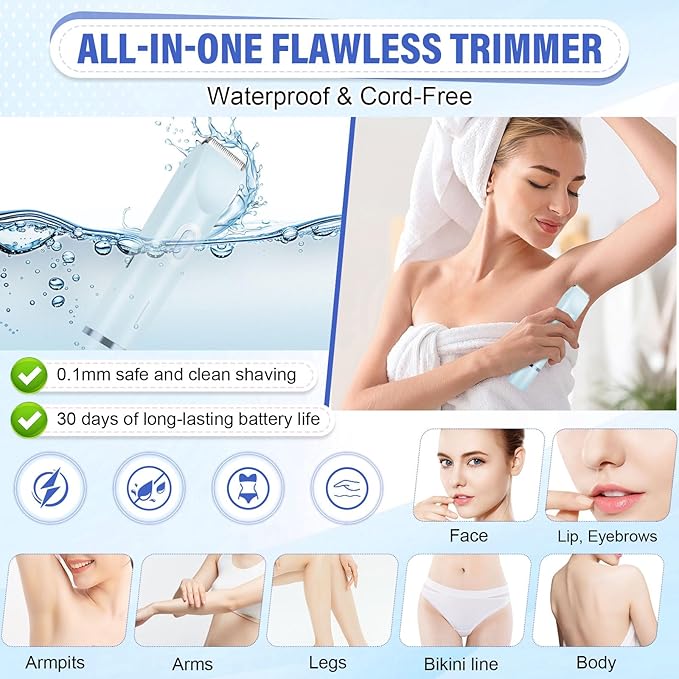 Women's Bikini Trimmer, 2-in-1 Electric Shaver for Bikini Line, Legs, Underarms, Face - Waterproof Women's Electric Shaver for Sensitive Skin, USB Rechargeable (Purple) (Blue)-Velvo Beauty