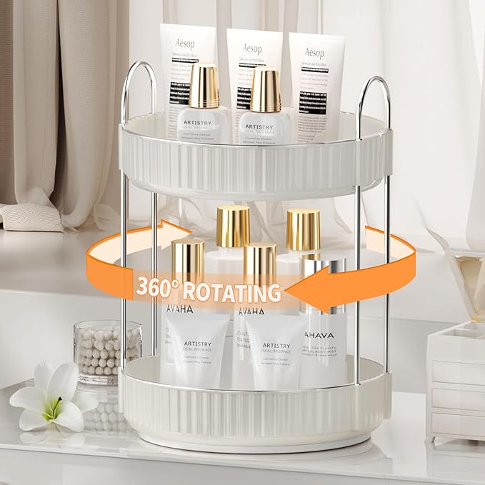 Rotating Makeup Organizer for Vanity, 2 Tier High-Capacity Skincare & Makeup Storage, Perfume Organizer, Cosmetic Dresser, Countertop 360 Spinning-Velvo Beauty