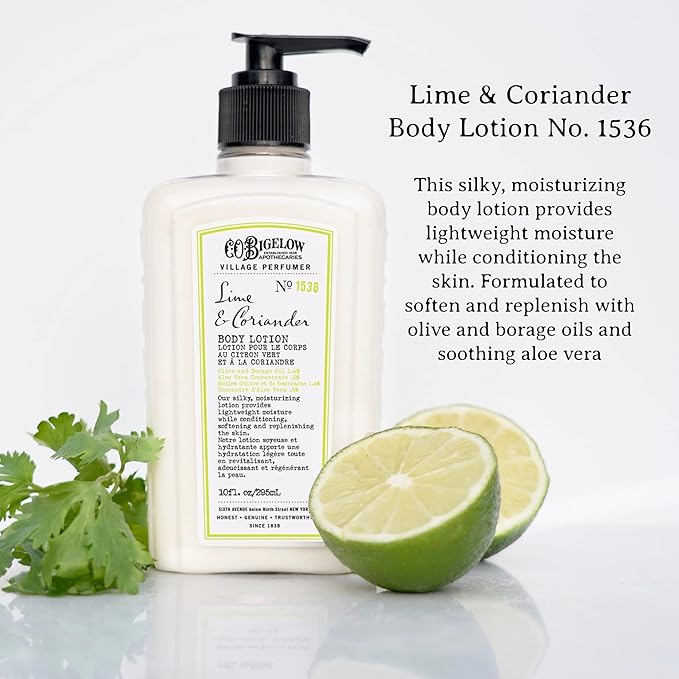 C.O. Bigelow Lime Coriander Body Lotion, Village Perfumer Moisturizing Body Lotion with Aloe Vera, Borage Oil & Olive Oil, 10 Fl Oz-Velvo Beauty