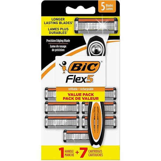 BIC Flex 5 Refillable Men's Razor, Father's Day Gift Set with 5 Blade Razors, 1 Handle and 7 Cartridges for Smooth Shaving-Velvo Beauty