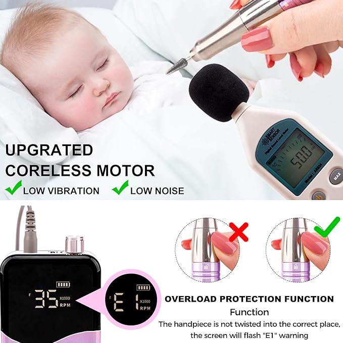 M Mase- Professional Nail Drill Machine - Coreless 2-in-1 Nail File - Electric, Cordless, 35000 RPM, HD Display - Electric Nail Drill for Professional & Home Use (Pink Gold)-Velvo Beauty