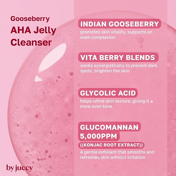 By Juccy Gooseberry AHA Jelly Cleanser | Gentle & Hydrating | Low PH | Glycolic Acid, Indian Gooseberry, Sea Buckthorn | Exfoliates Dead Skin CellsㅣKorean Face Wash | Korean Skin Care | 4.05 Fl.oz-Velvo Beauty