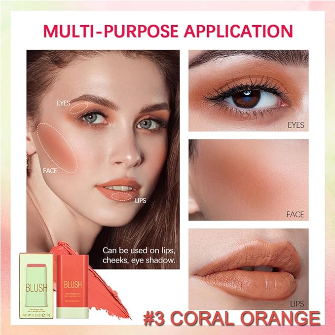 Multi-Purpose Makeup Blush Stick, 3-in-1 Beauty Tinted Solid Blush Stick For Cheeks, Lips And Eyes Waterproof Natural Cream Blush Stick With Long-Lasting Moisturizing Formula (#3Coral Orange)-Velvo Beauty