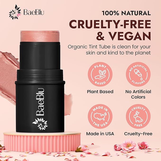 Organic Blush Tube, Rose - 100% Natural Vegan Cream Blush Sticks, Multi-Use Bronzer, & Highlighter for Lips, Cheeks & Eyes, Buildable Shimmer, Gluten-Free, Paraben-Free, Made in USA-Velvo Beauty