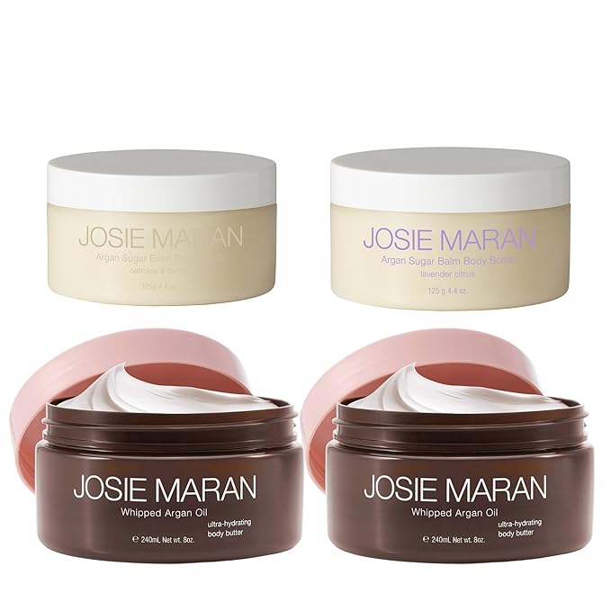 Josie Maran Bod Squad Body Care Set - Includes 2 Argan Sugar Scrubs & 2 Body Butters - Nourishes Skin with Gentle Exfoliation and Intense Hydration - Oat Milk & Honey and Lavender Citrus (4 Count)-Velvo Beauty