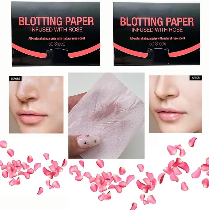 2 Pks ROSE INFUSED Natural Abaca Blotting Paper - 100 Oil Blotting Sheets - Makeup Friendly UNISEX All Skin Types Oily Skin Shine Blotter Photography Zoom Meetings Travel Gym School - MADE IN TAIWAN-Velvo Beauty