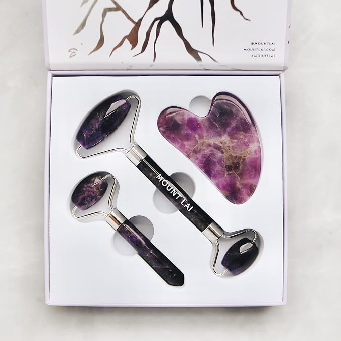 Mount Lai Amethyst Trio Calming Facial Set, Facial Roller and Amethyst Gua Sha Facial Tools Set, Guasha Tool for Face to Relieve Muscle Tension and Reduce Puffiness, Anti Aging Skin Care Sets-Velvo Beauty
