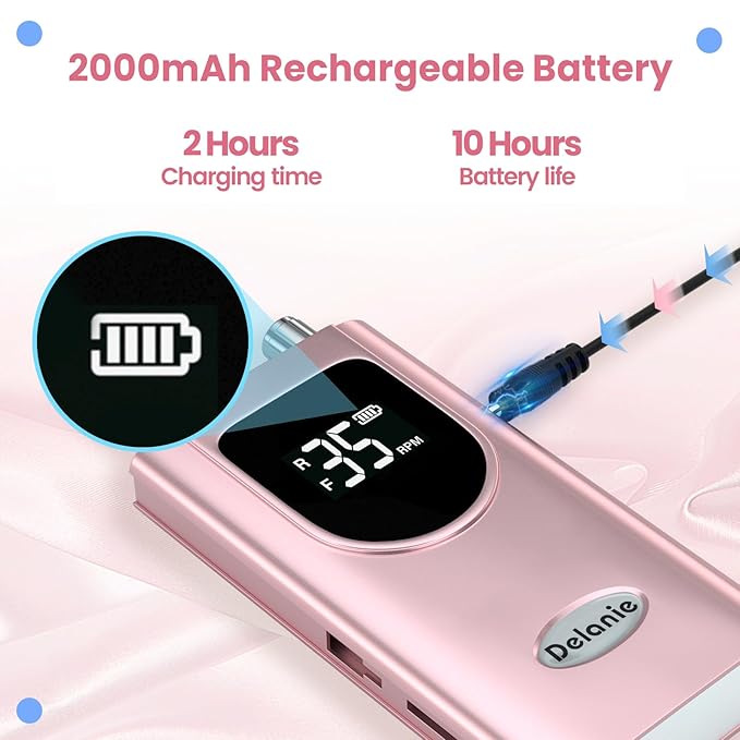 Delanie Professional Nail Drill High Torque 35000 RPM Rechargeable Portable Electric Nail File Filer for Acrylic Gel with Cuticle Bits, Salon Manicure Tool, Rose Gold-Velvo Beauty