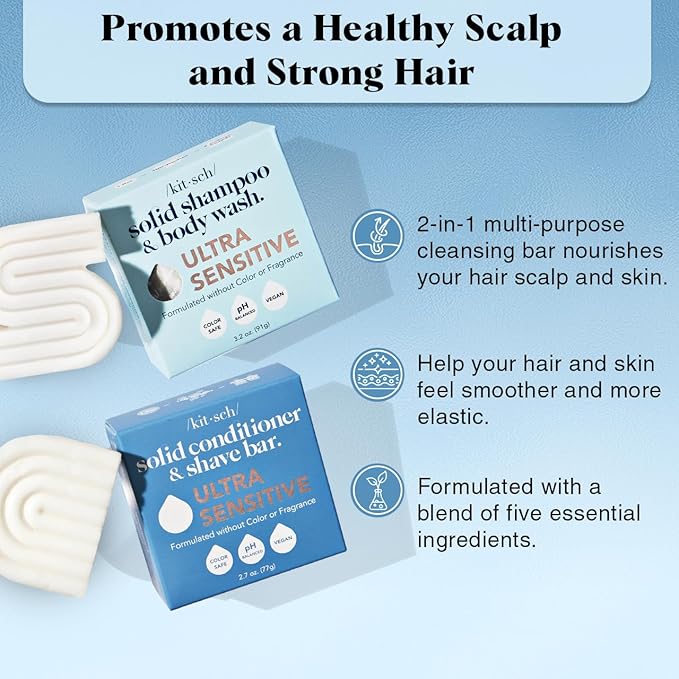Kitsch 2-in-1 Ultra Sensitive Shampoo Bar & Body Wash + Conditioner Bar & Shaving Soap – Fragrance-Free Bar Soap for Sensitive Skin & Scalp - For Healthy, Radiant Hair and Skin - Made in USA – 2pcs-Velvo Beauty