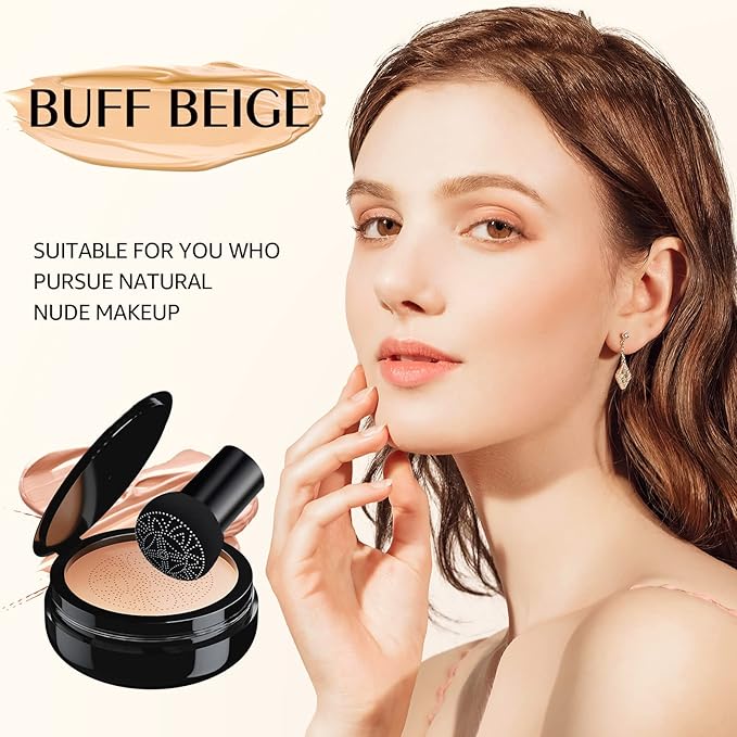 Mushroom Head Air Cushion CC Cream Foundation - Moisturizing & Long-Lasting BB Cream Concealer Makeup Base for All Skin Types, Brighten Long - Lasting Even Color Correcting Concealer (Buff Beige)-Velvo Beauty