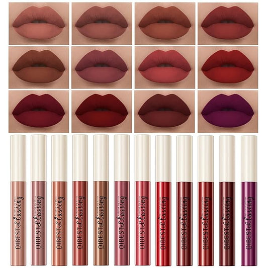 12Pcs Makeup Matte Lipstick Lip Kit, Classic Nudes & Bold Reds Lipstick Set, Non-Stick Cup Not Fade Liquid Lipstick Waterproof Long Lasting Durable Nude Lip Gloss, labiales mate 24 horas originale-Velvo Beauty