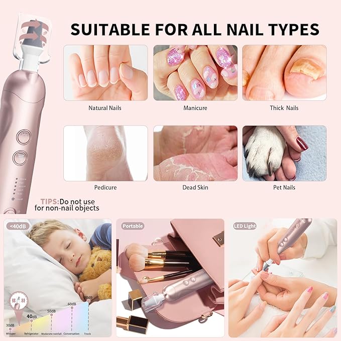 Manicure Pedicure Kit with Case, Professional Nail Grinder for Senior Thick Toenail, Cordless Electric Nail File, 5 Speeds Pedicure Tools for feet Callus Remover, Nail Drill for Women Hand Feet Care-Velvo Beauty