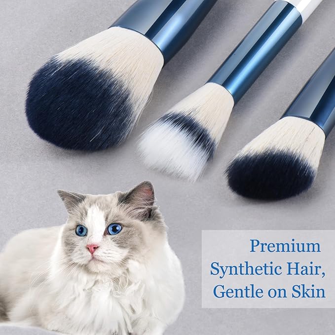 Makeup Brushes Set With Case 10Pcs White Makeup Brush Kit Foundation Eyeshadow Powder Blending Kabuki Eyebrow Eyelash Brushes Cosmetic Brush Travel Kit Gift (White+Blue)-Velvo Beauty