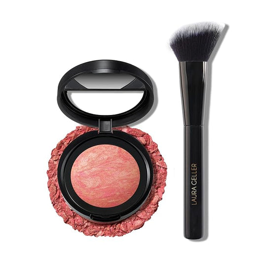 LAURA GELLER NEW YORK Baked Blush-n-Brighten Marbleized Blush + Angled Brush (03 Coral Cove, 47mm)-Velvo Beauty
