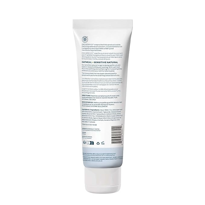 ATTITUDE Body Cream for Sensitive Skin with Oat, EWG Verified, Dermatologically Tested, Vegan, Extra Gentle, Unscented, 8 Fl Oz-Velvo Beauty