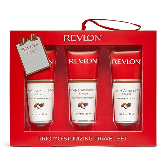 REVLON Get Carried Away Trio Moisturizing Travel Set, Shea Butter and Almond Oil Infused, Moisturizing Body Wash, Body Lotion, Exfoliating Body Scrub, 3 Count (2.88 fl oz)-Velvo Beauty