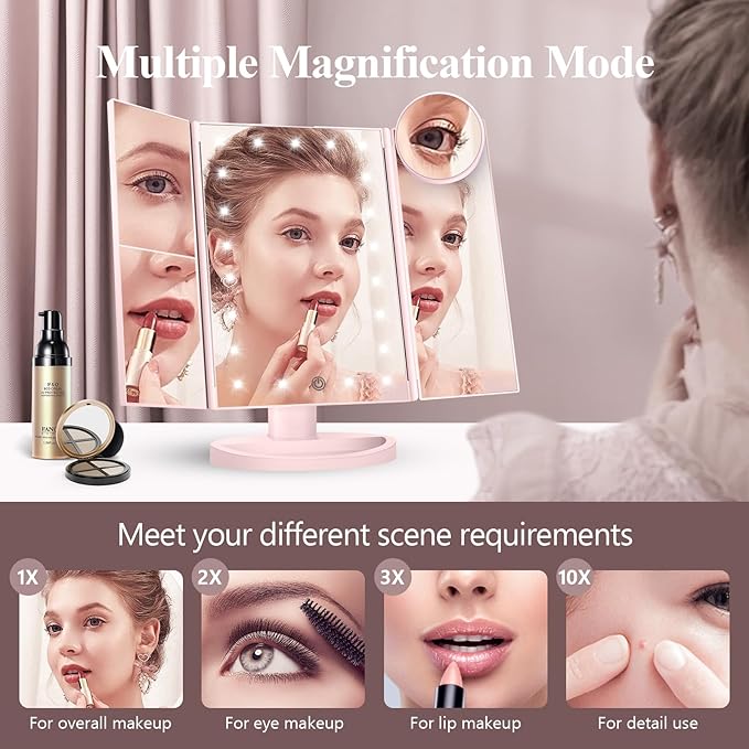 HUONUL Makeup Mirror Vanity with Lights, 2X 3X 10X Magnification, Lighted Mirror, Touch Control, Trifold Dual Power Supply, Portable LED Women Gift (Pink)-Velvo Beauty