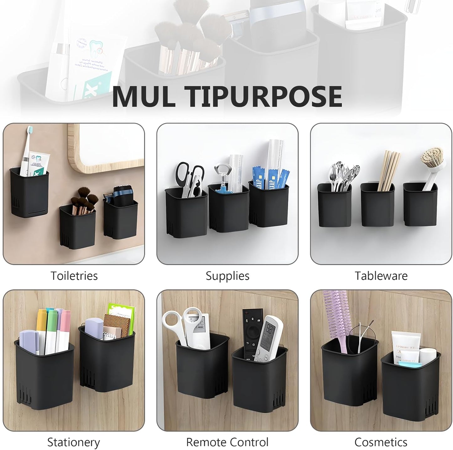 Toothbrush Holder Cup Wall Mounted Drill-Free for Bathroom Shower Electric Toothbrush Toothpaste Razor Holder Removable Waterproof Sturdy Self Draining, Tableware Holder for Kitchen(1pcs&Black)-Velvo Beauty